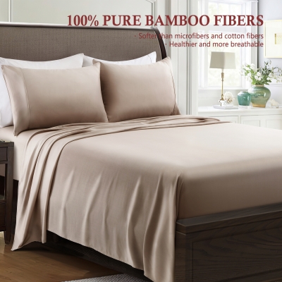 IBAMA 100% Bamboo Bed Sheet Set with Pillowcases 4 Pieces Including 1 x Fitted Sheet 2 x Pillow Covers 1 x Flat Sheet Breathable Silky Look and Soft Touch Machine Washable Queen Size